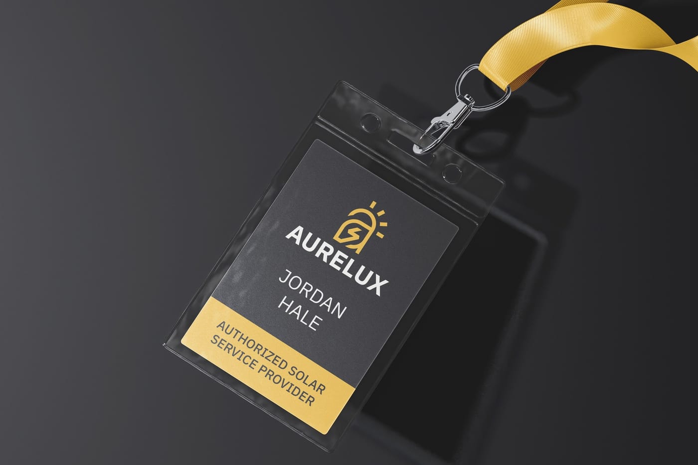 An authorized-installer ID badge on a gold lanyard.