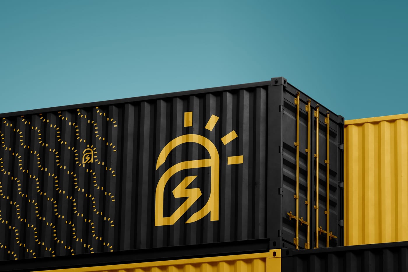 A shipping container on site painted with the gold mark.
