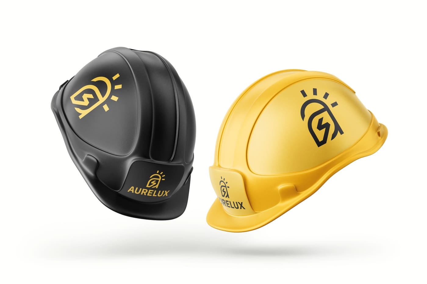 Two hard hats, black and gold, each carrying the mark.