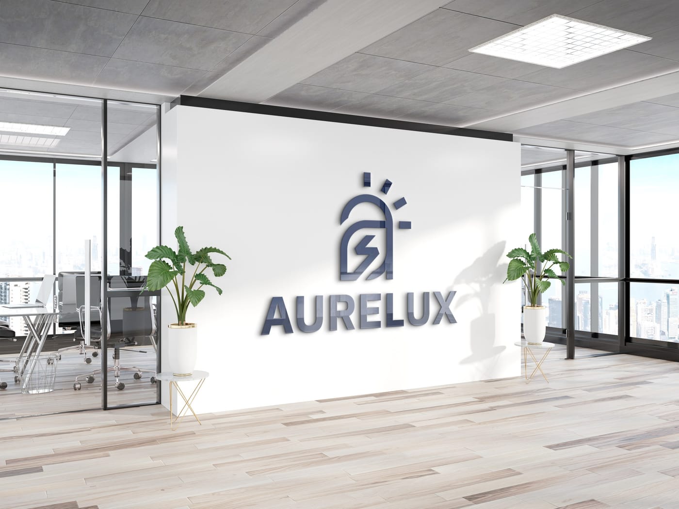 The Aurelux mark and wordmark as dimensional letters on an office lobby wall.