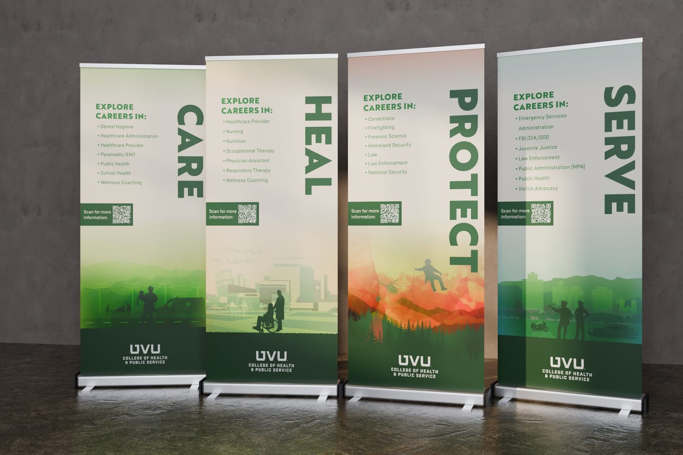 Four pull-up banners, CARE, HEAL, PROTECT and SERVE, standing side by side for a recruiting event.