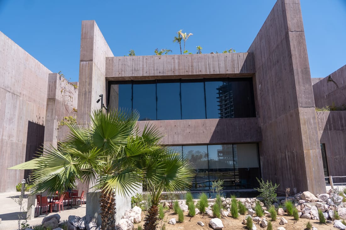 The building’s glass-fronted center framed by two concrete fins, with palms and white stones in front.