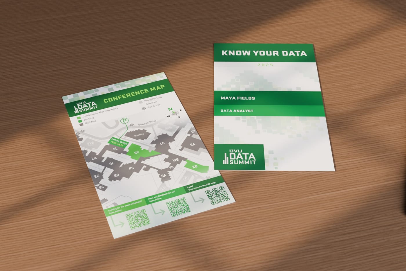 A Data Summit conference map and a name badge reading Know Your Data, Maya Fields, Data Analyst, lying on a wooden table in window light.