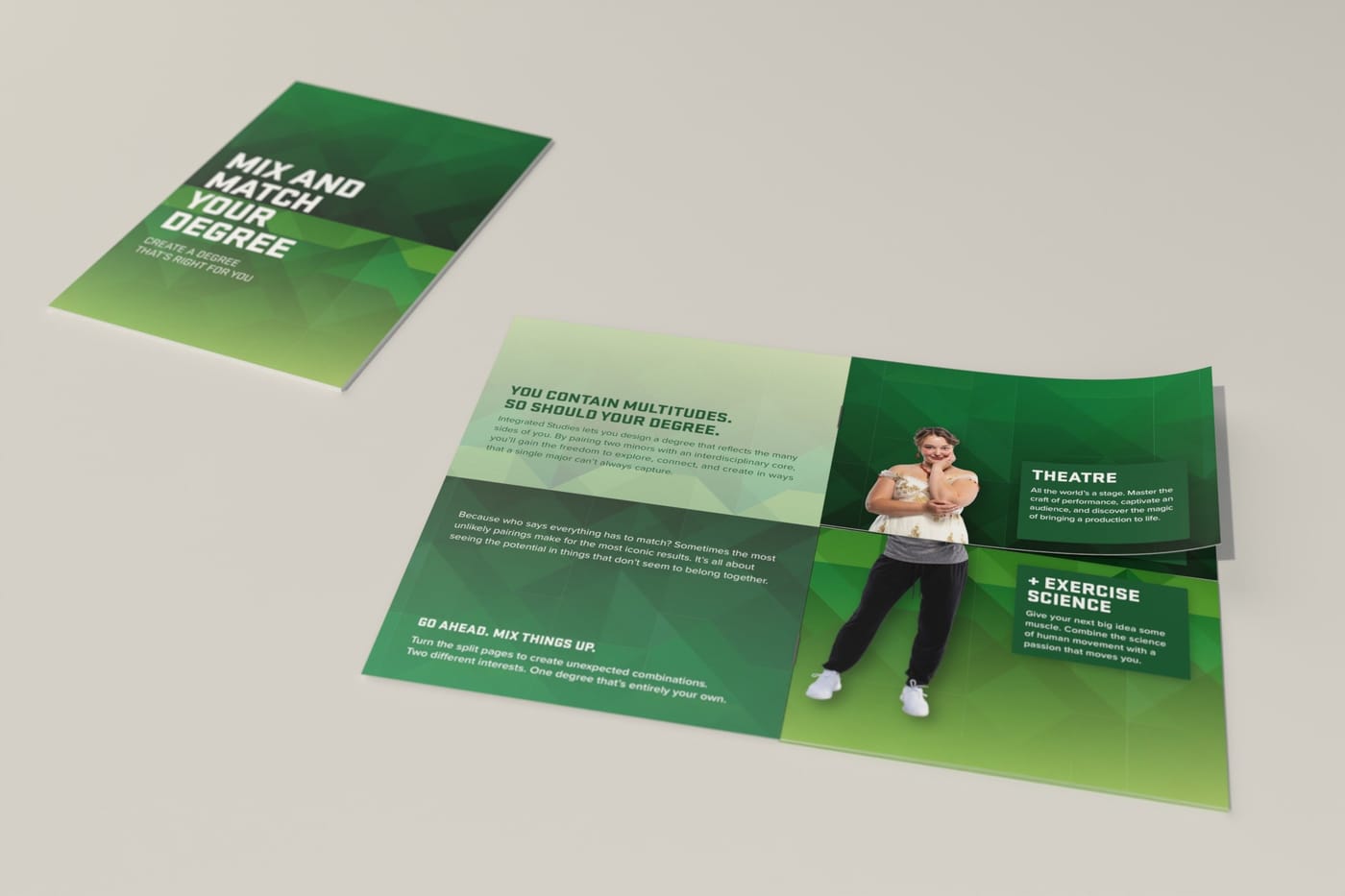 A split-page flipbook open on a table; the top half shows a theatre student and the bottom half an exercise-science student.