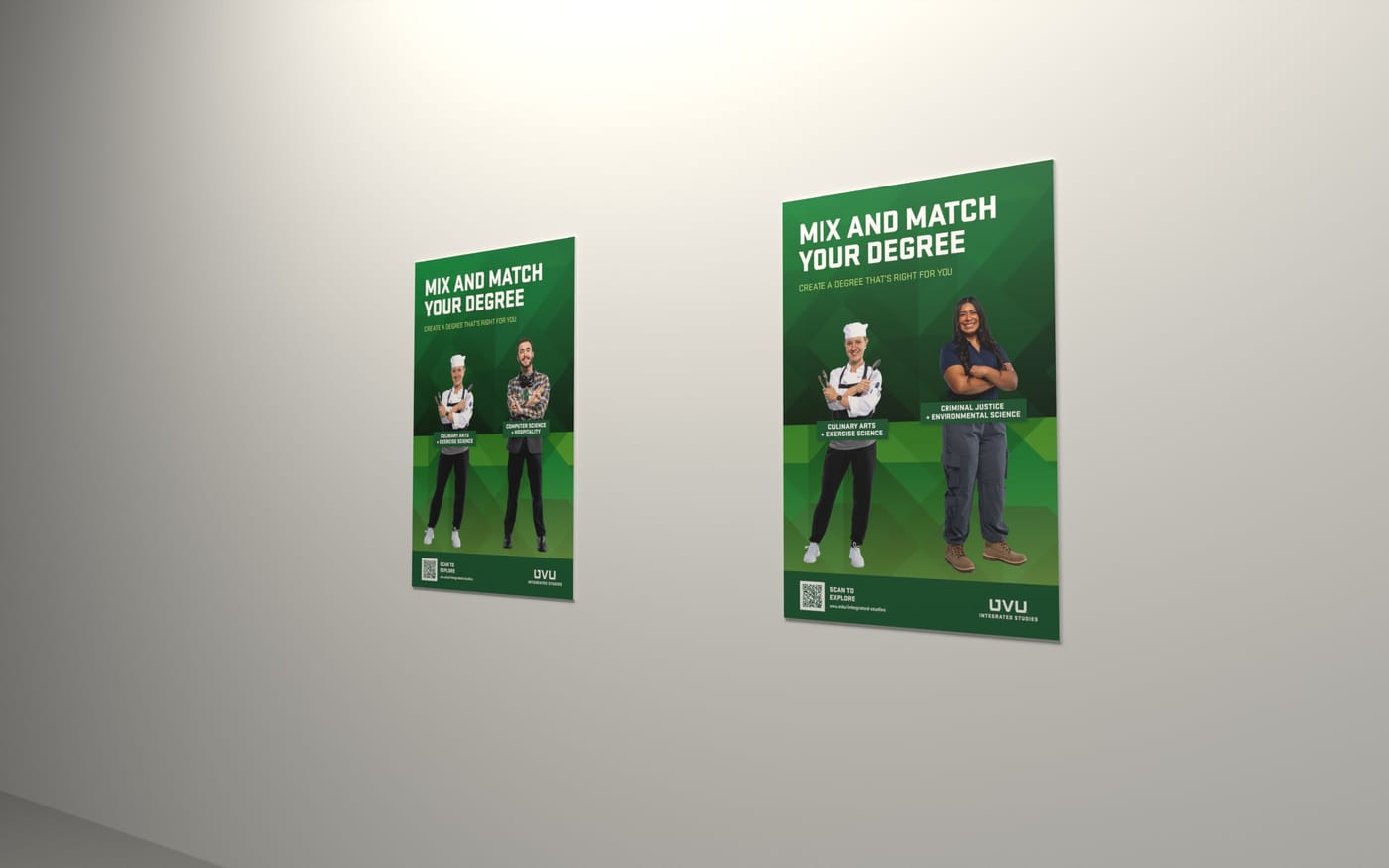 Two green Mix and Match Your Degree posters on a hallway wall, each pairing two students in different uniforms.