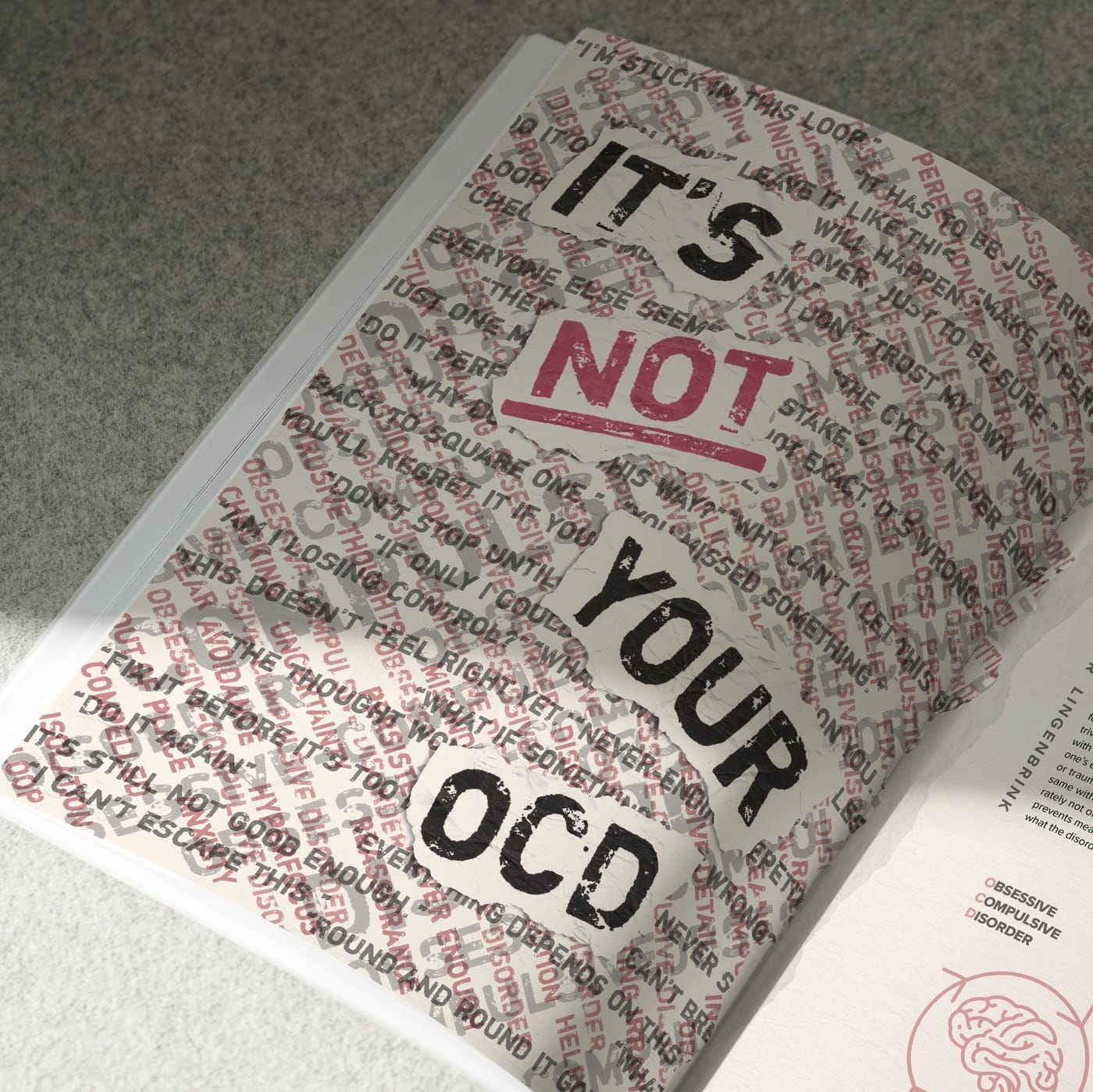 Printed spread with “It’s not your OCD” in large type over a dense wall of repeated intrusive-thought phrases.