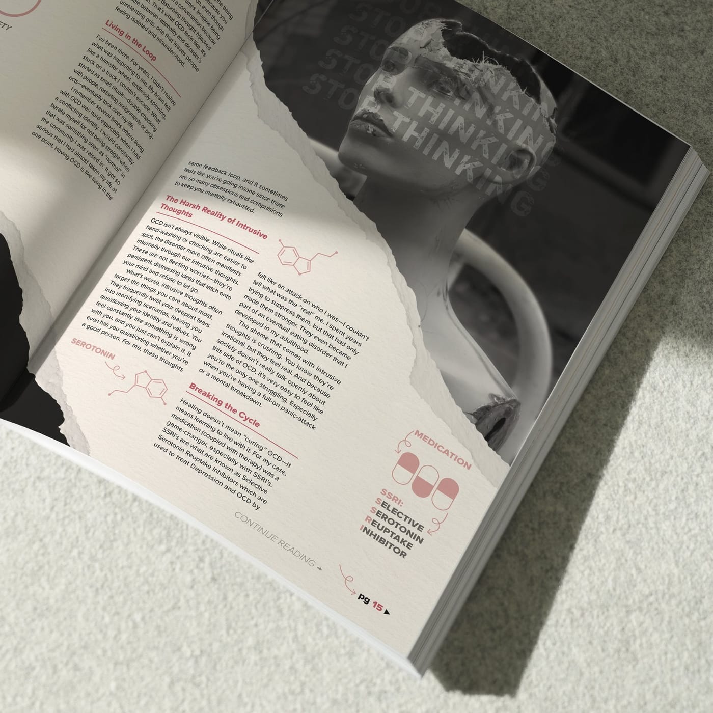 The second spread: a torn-paper portrait with calm columns of text and a red diagram.
