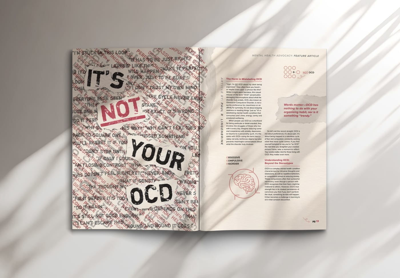 The opening spread in a magazine lying open in window light: repeated intrusive thoughts crowd the headline.