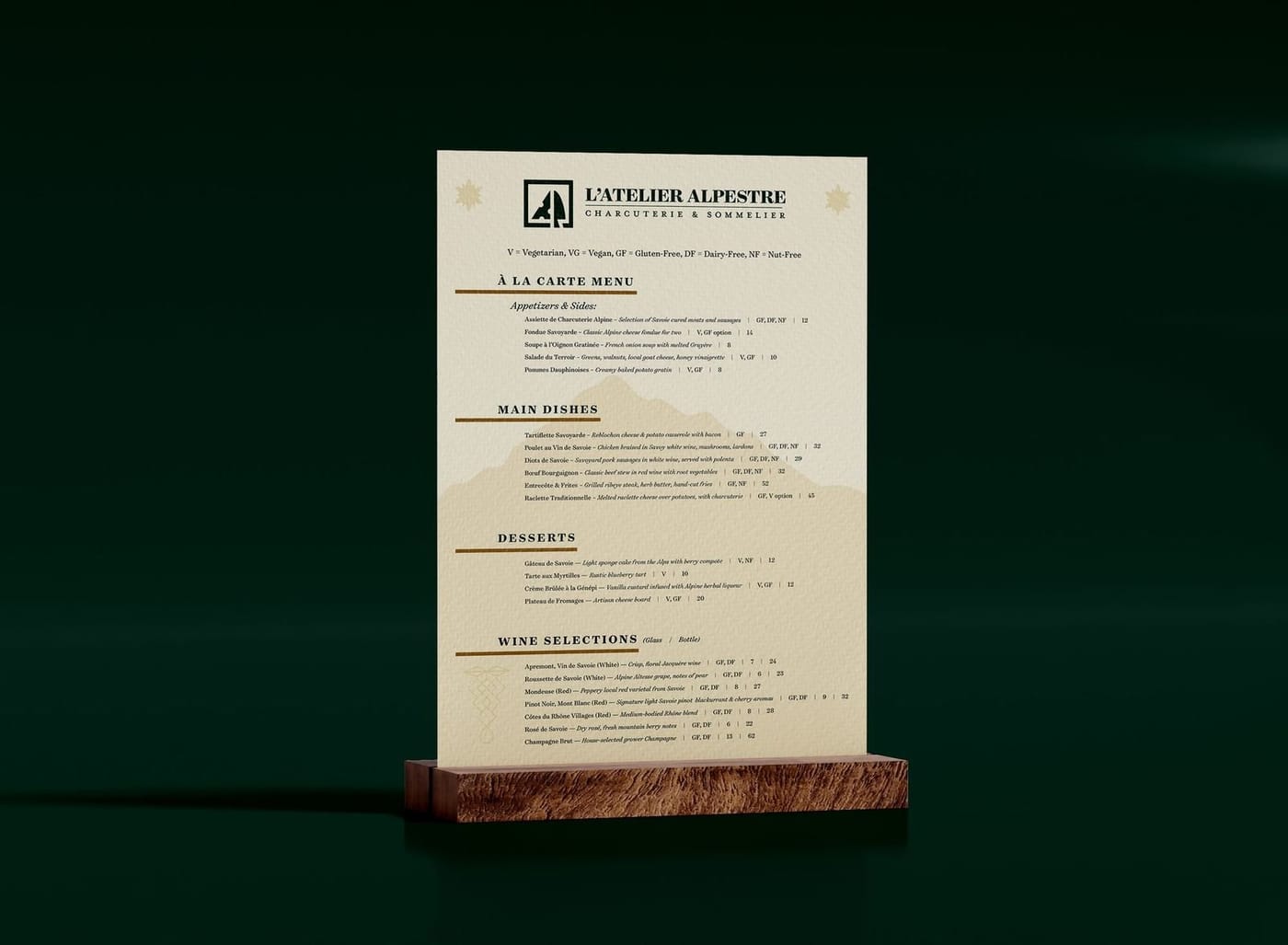A printed menu in a wooden stand on a dark green background.
