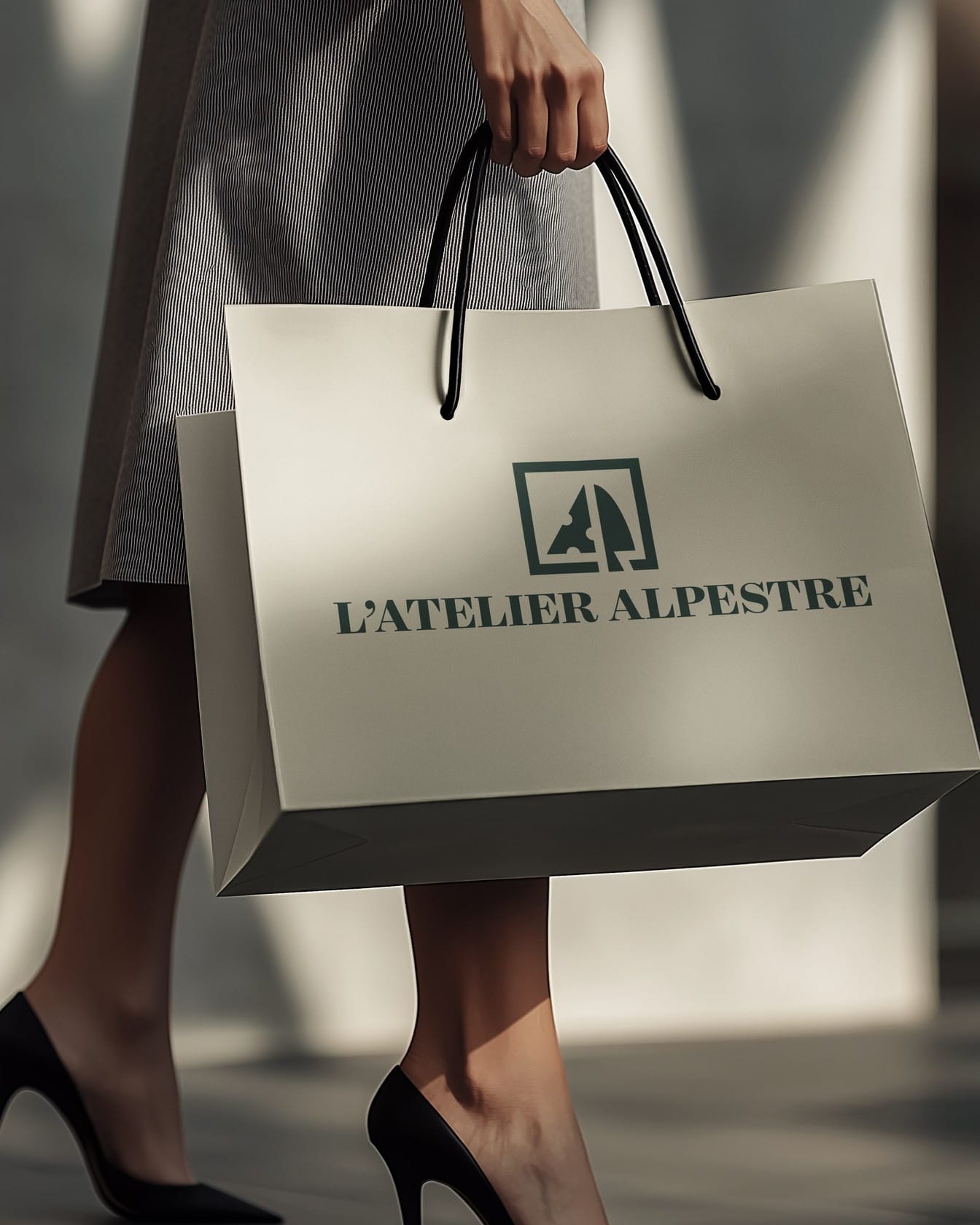 A paper shopping bag with the L'Atelier Alpestre mark, carried past a sunlit wall.