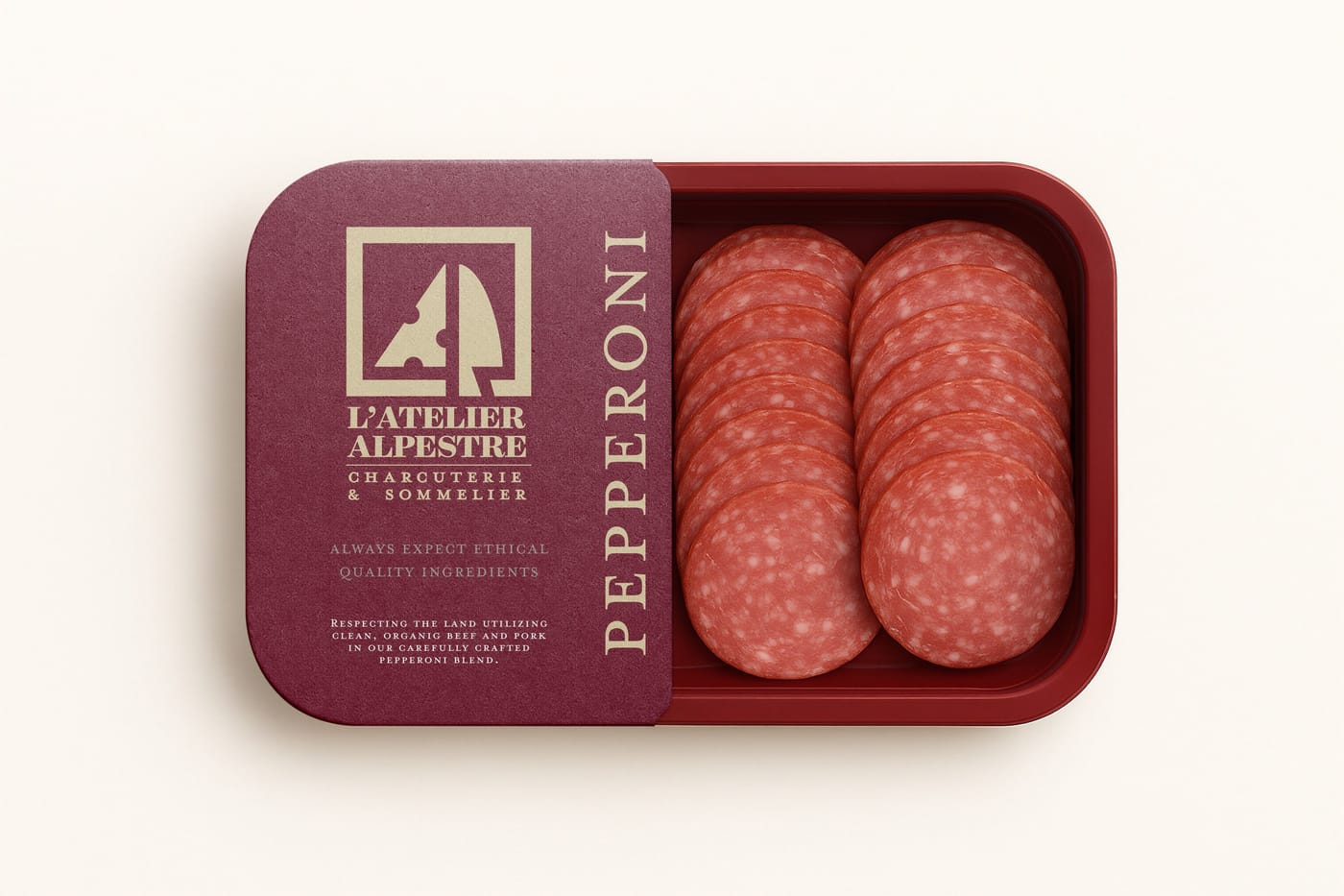 A tray of sliced pepperoni wrapped in a burgundy L'Atelier Alpestre sleeve.