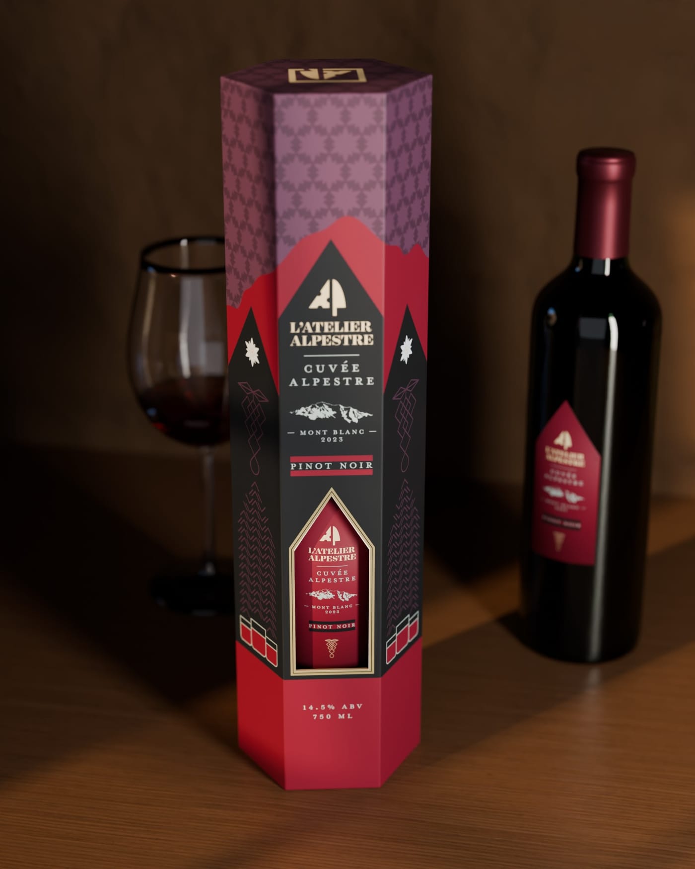 Close view of the wine box: the peak-shaped window shows the bottle's label through the front panel.
