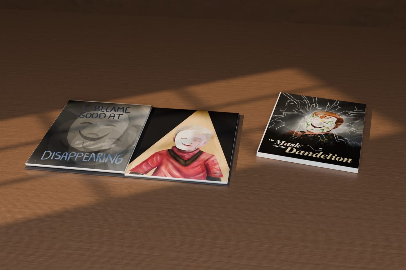 The book lying open and flat to the spread “I became good at disappearing,” a masked child in a spotlight on the facing page, beside the closed book on a walnut table.