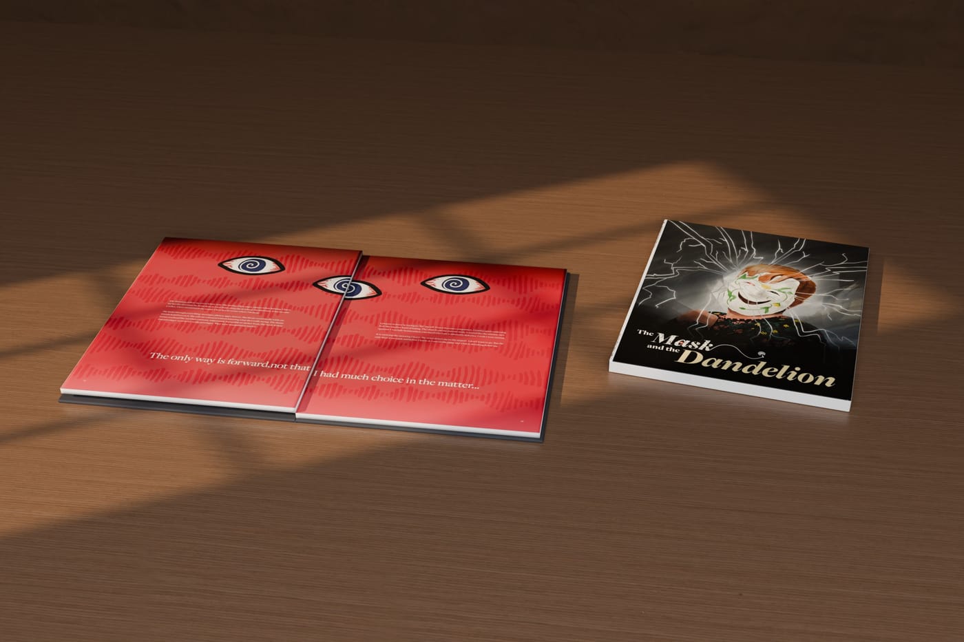 The book lying open and flat to a red spread of watching eyes, captioned “The only way is forward, not that I had much choice in the matter,” beside the closed book on a walnut table.