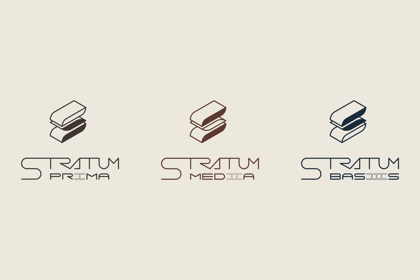 The Stratum logo set: a stacked, layered S mark with the wordmark STRATUM over PRIMA, MEDIA and BASIS, in espresso, umber and navy on warm parchment.