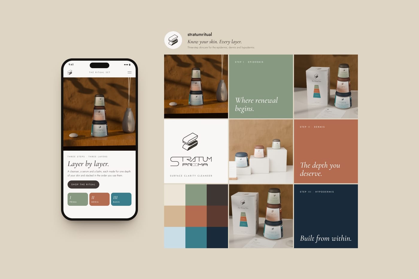 A phone showing the Stratum product page headed 'Layer by layer.' beside a nine-tile Instagram grid of product photos, step taglines on sage, terracotta and navy, and the three colour palettes.