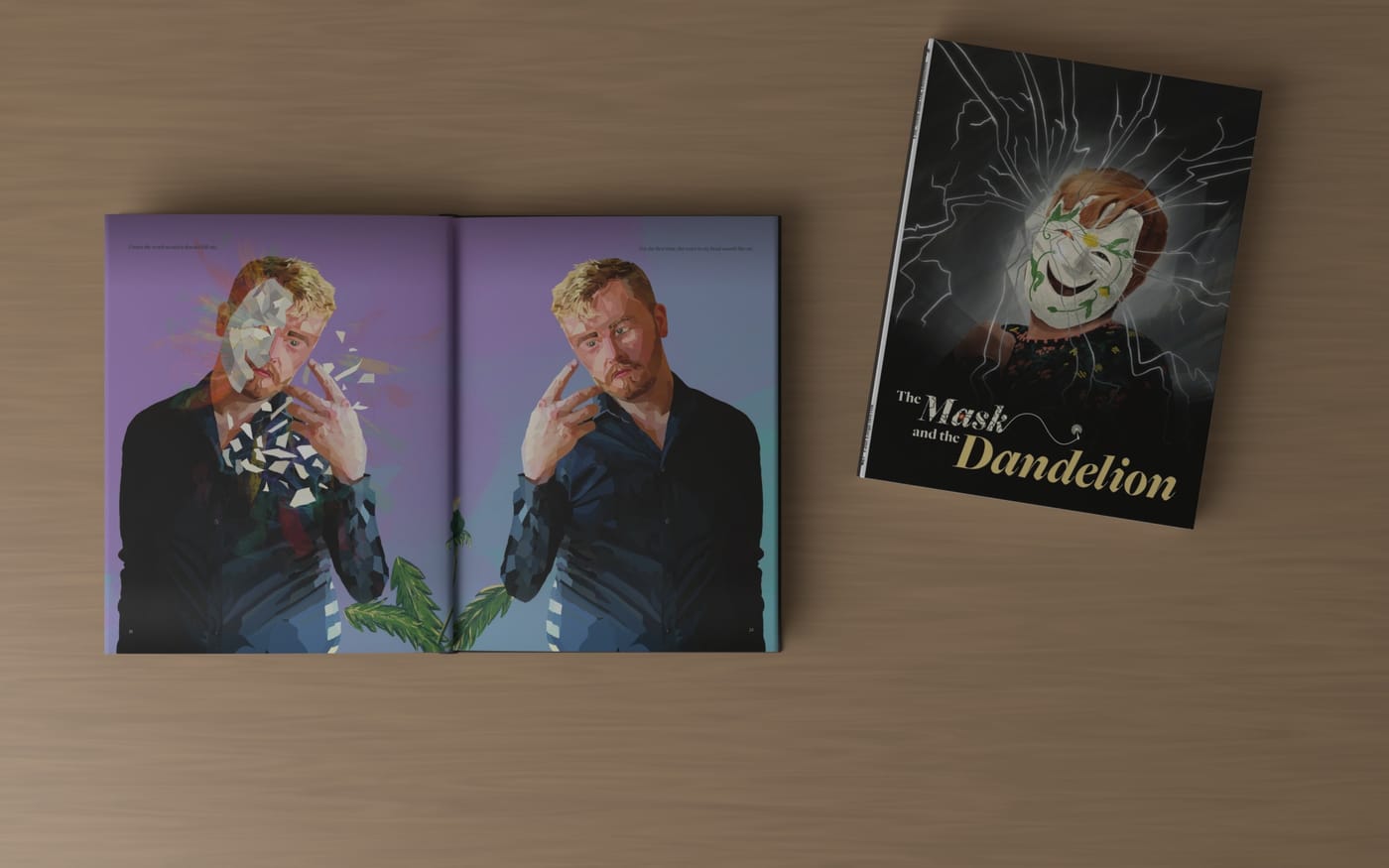 The book open flat to a painted double portrait, with the closed cover beside it.