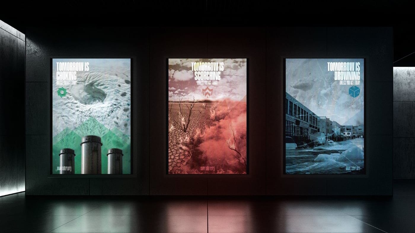 Three backlit posters in a dark corridor: teal, red and blue.