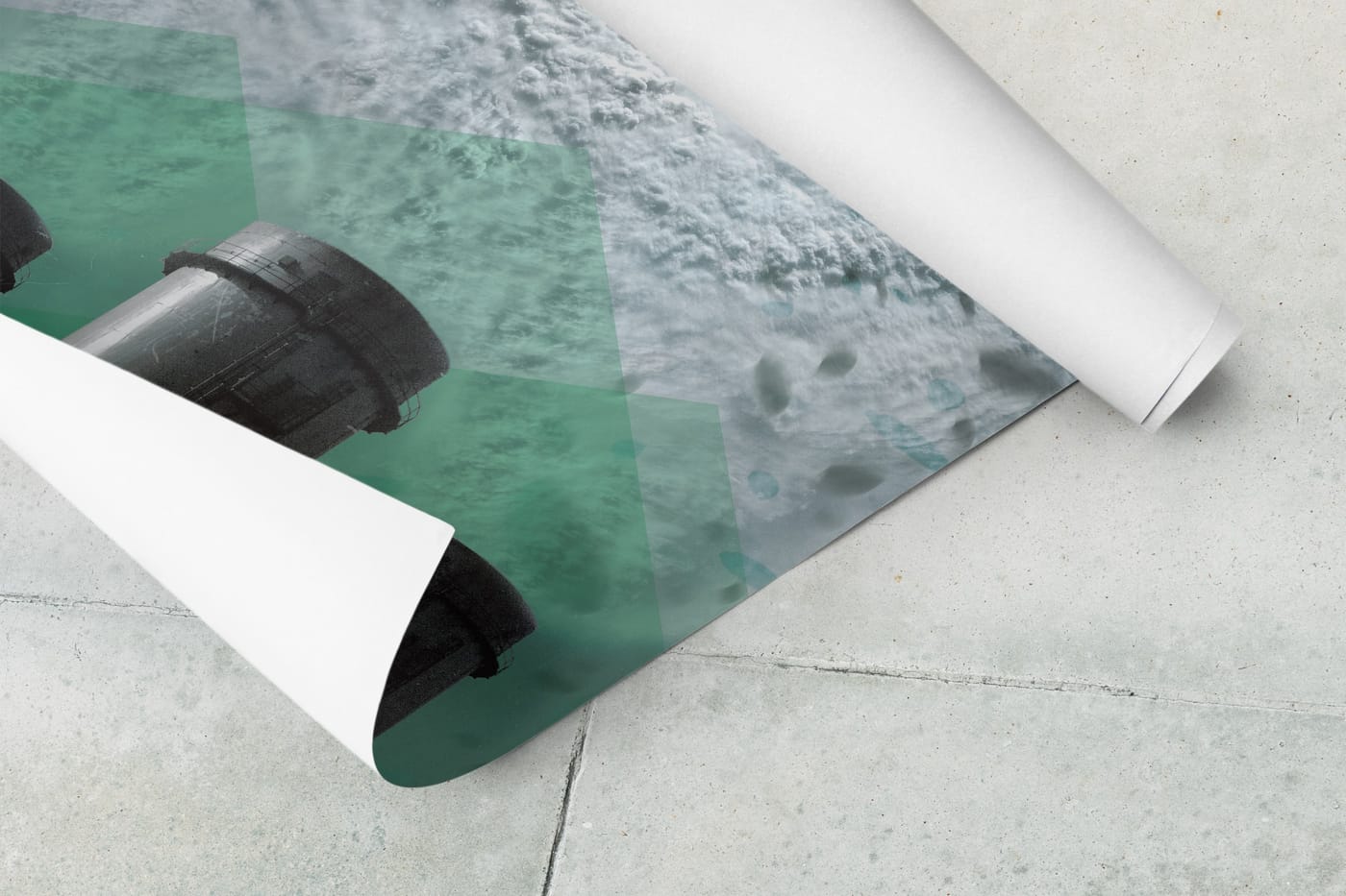Detail of the Choking poster, smokestacks under a green sky.