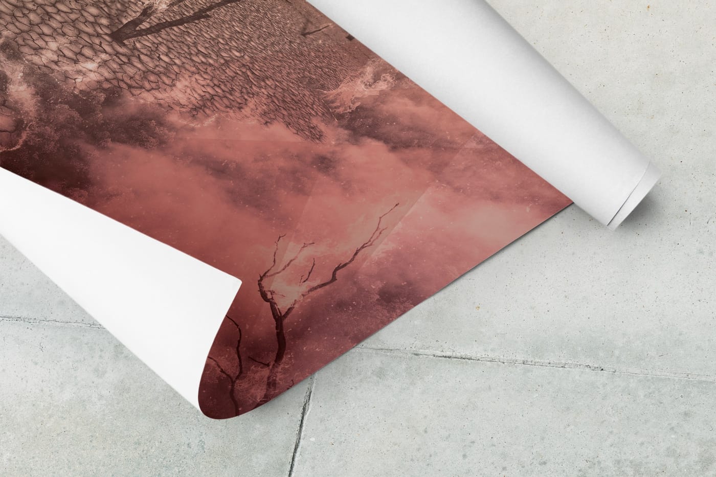 Detail of the Scorching poster, cracked earth in red.