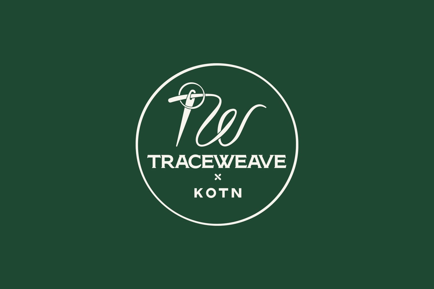 The TraceWeave × KOTN logo in cream on deep green: a needle and thread forming a script W inside a circle.